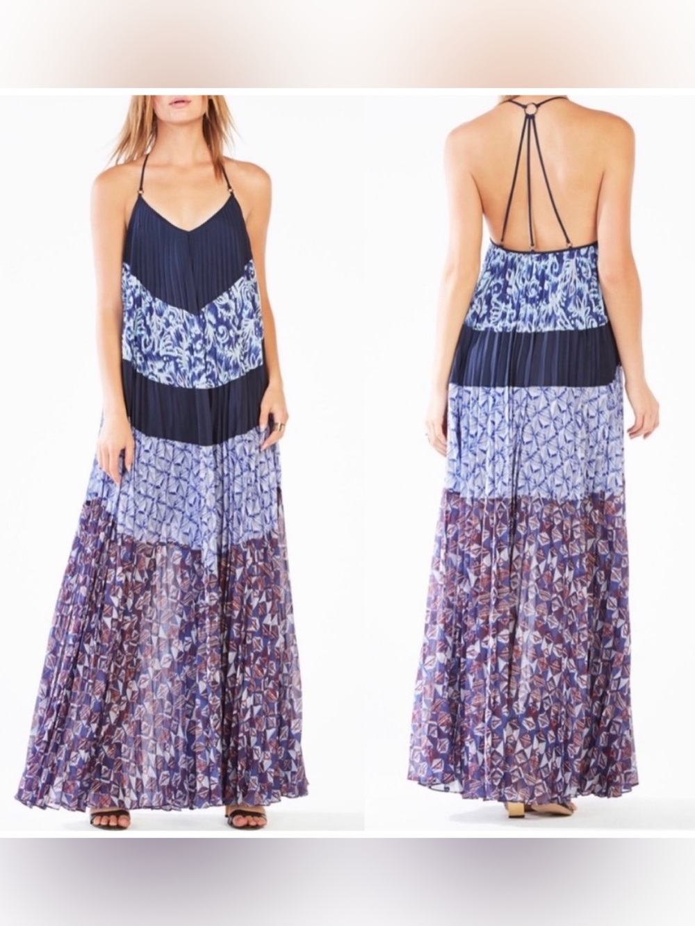 BCBGMaxAzria Navy and Blue Printed Tiered Maxi Dress with Strappy Back